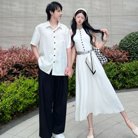Couple Plain Button-Up & A-Line Dress & Scarf Set