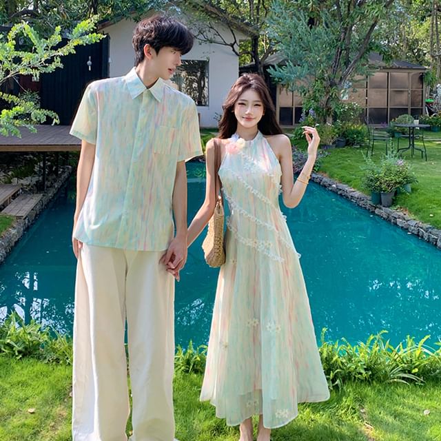 Tie-Dye Button-Up Shirt & Lace Halter A-Line Midi Dress