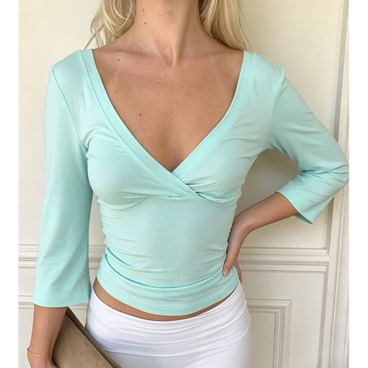 Slim-Fit V-Neck Elbow Sleeve Crop Tee