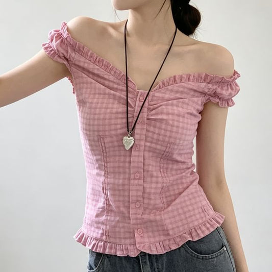 Off-Shoulder Plaid Frill Trim Crop Top