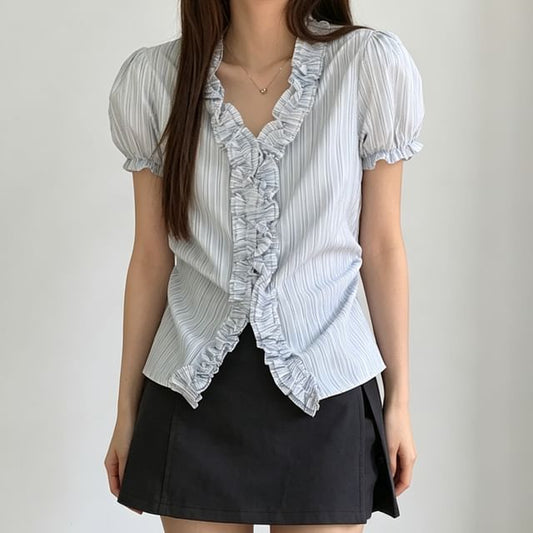 Puff-Sleeve V-Neck Striped Ruched Blouse
