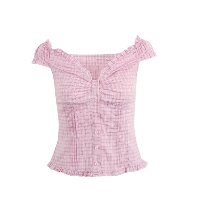 Off-Shoulder Plaid Frill Trim Crop Top