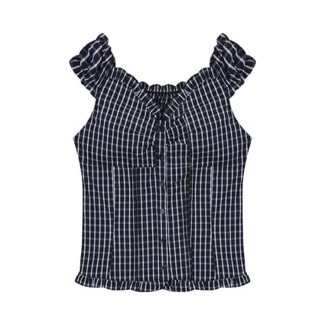 Off-Shoulder Plaid Frill Trim Crop Top