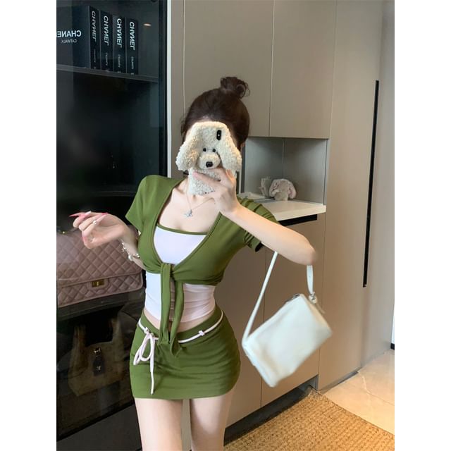 Tie Front Bolero, Mini Skirt, and Camisole Set