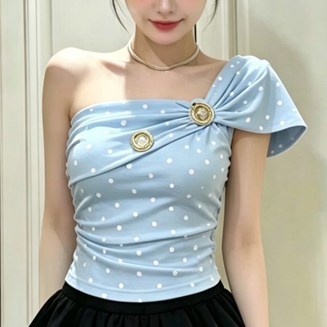 Polka Dot Ruched One-Shoulder Mini Tee