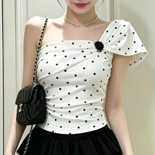 Polka Dot Ruched One-Shoulder Mini Tee