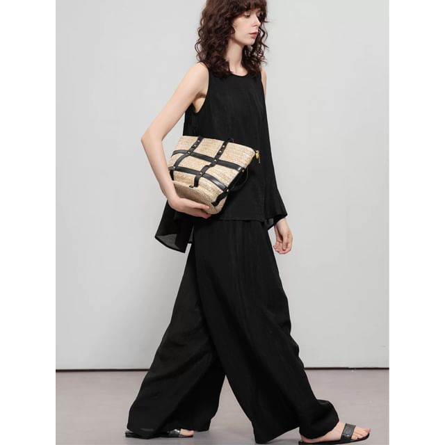 Linen Crewneck Sleeveless Top & Wide Leg Pants Set