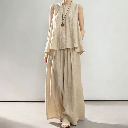 Linen Crewneck Sleeveless Top & Wide Leg Pants Set