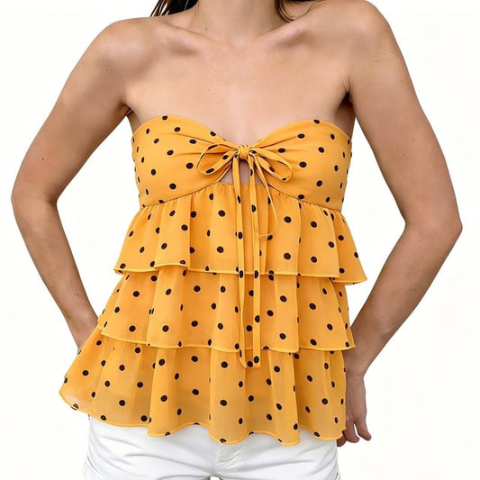 Strapless Polka Dot Ruffle Crop Top