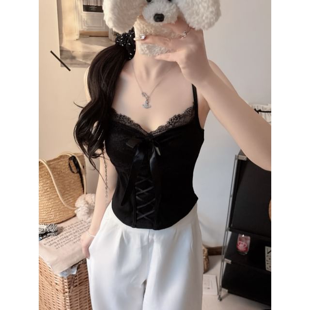 Lace Crop Camisole with Ribbon Accent