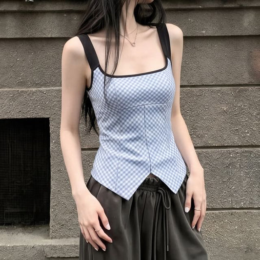 Gingham Square Neck Tank Top