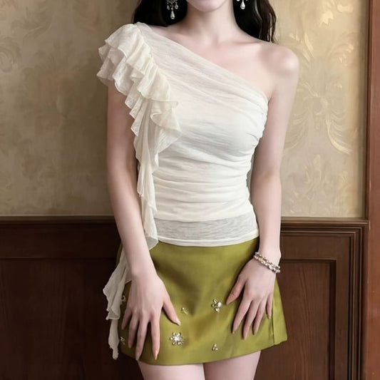 One-Shoulder Asymmetrical Ruffle Ruched Top