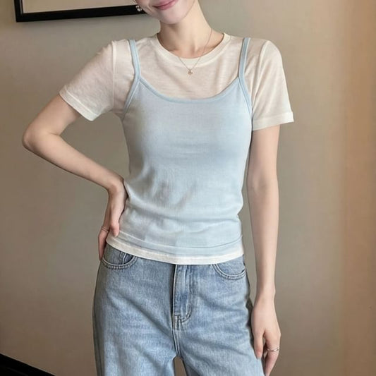Sheer Crew Neck T-Shirt & Camisole Set