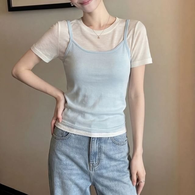 Sheer Crew Neck T-Shirt & Camisole Set