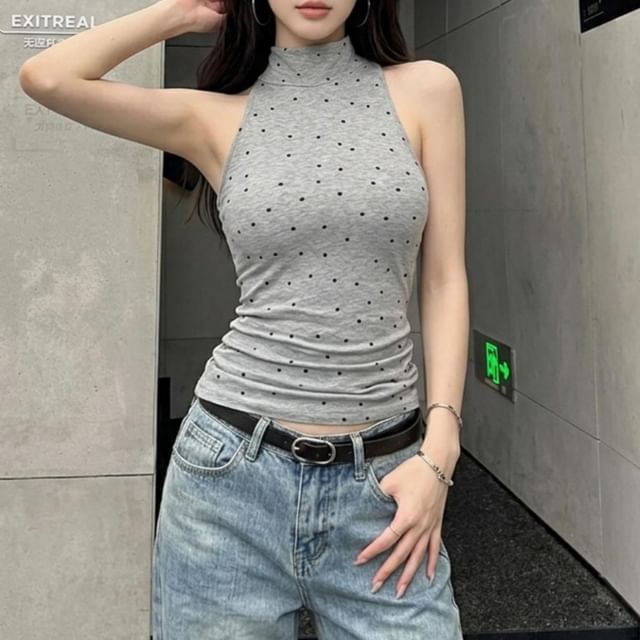 Polka Dot Halter Mock Neck Crop Top