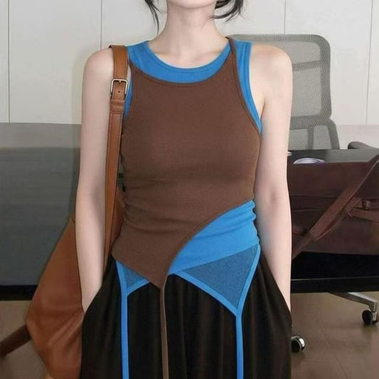 Two Tone Asymmetrical Crew Neck Tank