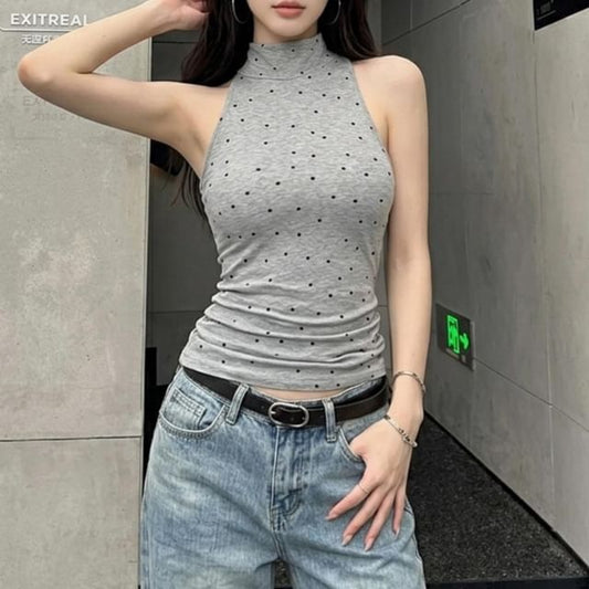 Polka Dot Halter Mock Neck Crop Top