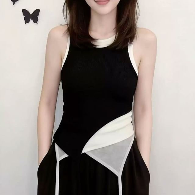 Two Tone Asymmetrical Crew Neck Tank