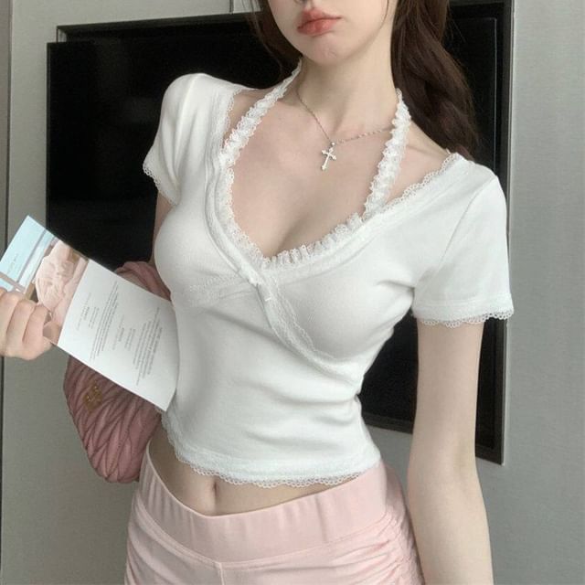 Lace Trim Halter V-Neck Crop Tee