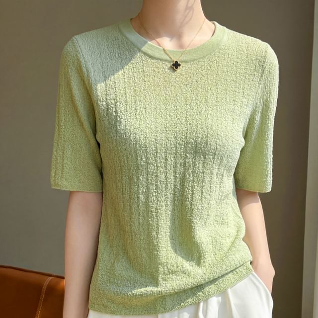 Round Neck Plain Knit Short Sleeve Top