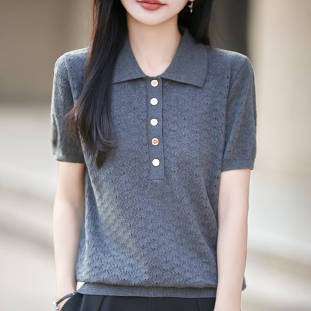 Plain Knit Polo Short Sleeve Top