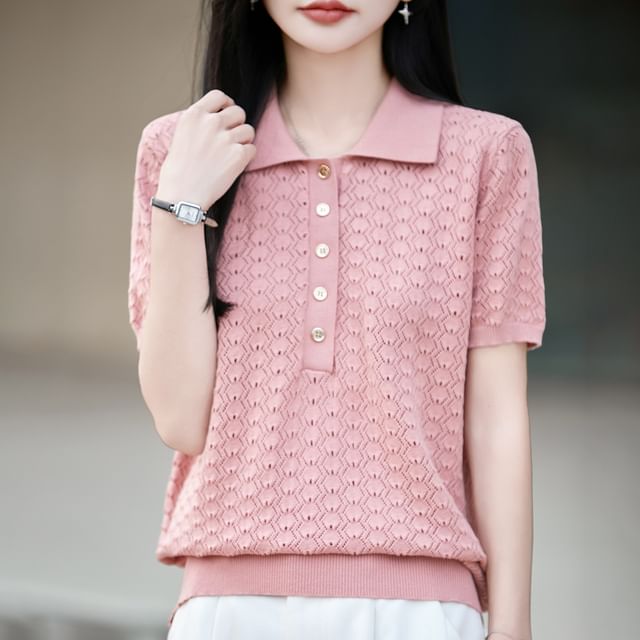 Plain Knit Polo Short Sleeve Top
