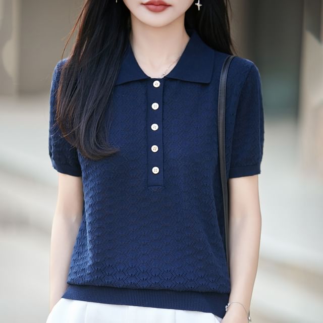 Plain Knit Polo Short Sleeve Top