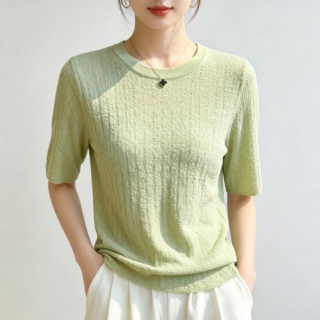 Round Neck Plain Knit Short Sleeve Top