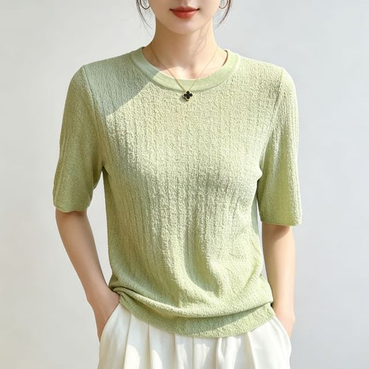 Round Neck Plain Knit Short Sleeve Top
