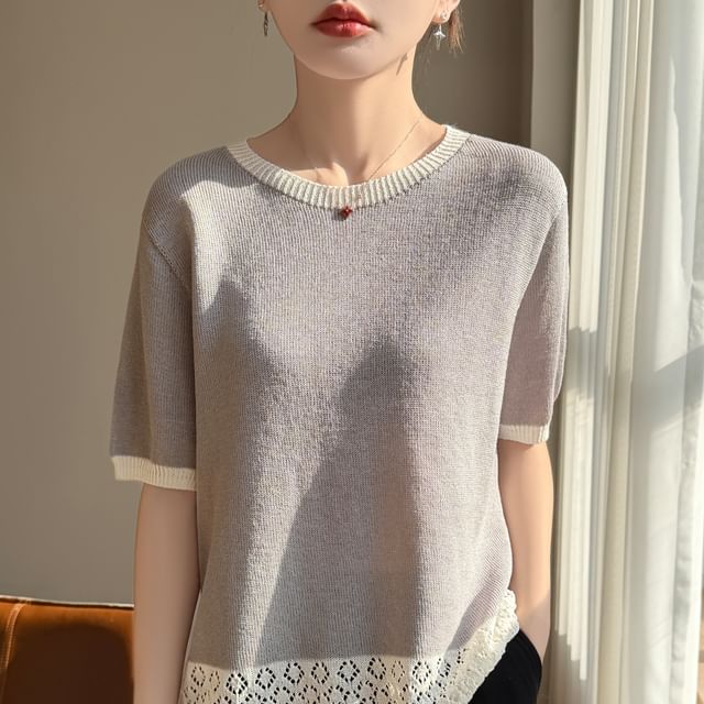 Two-Tone Pointelle Round Neck Knit Tee