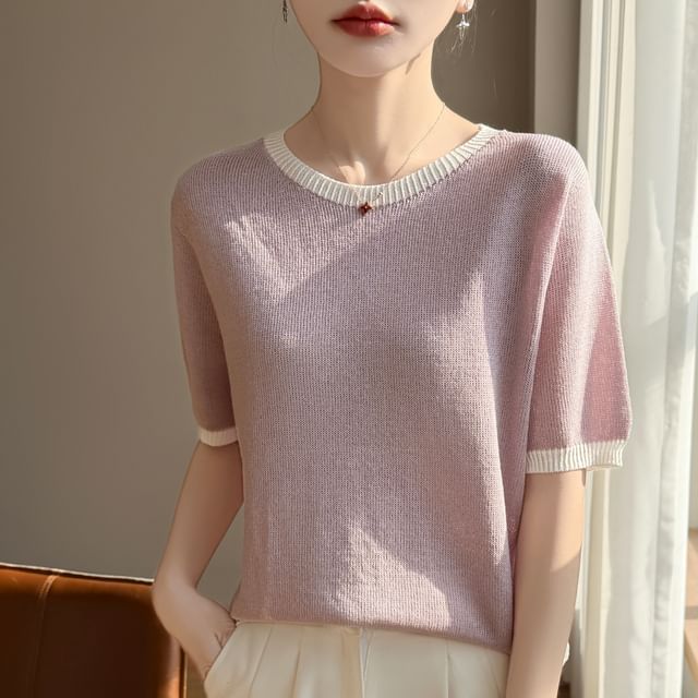 Two-Tone Pointelle Round Neck Knit Tee