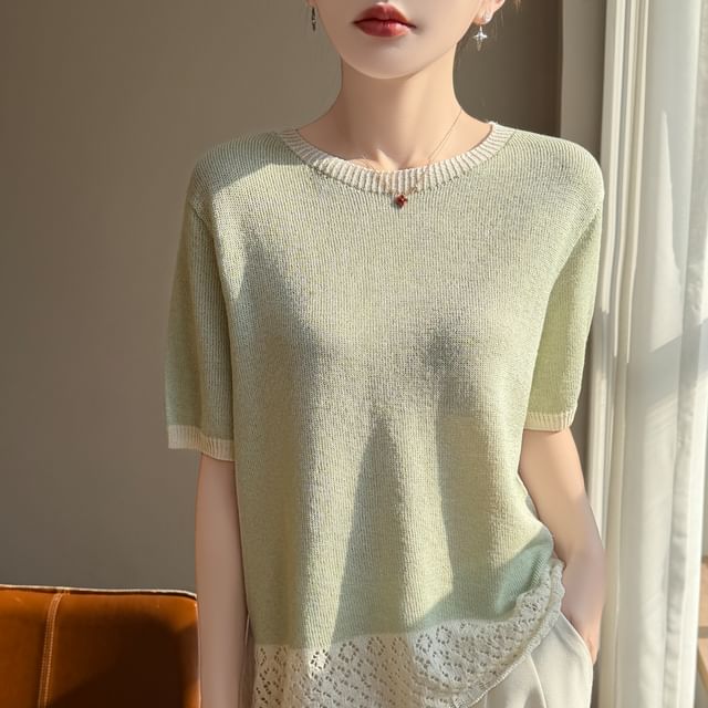 Two-Tone Pointelle Round Neck Knit Tee