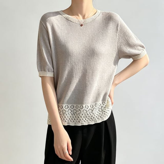 Two-Tone Pointelle Round Neck Knit Tee