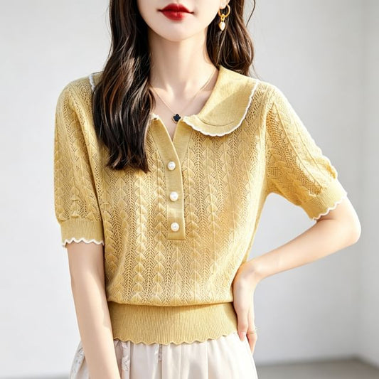 Faux Pearl Button Contrast Trim Collared Cable Knit Tee