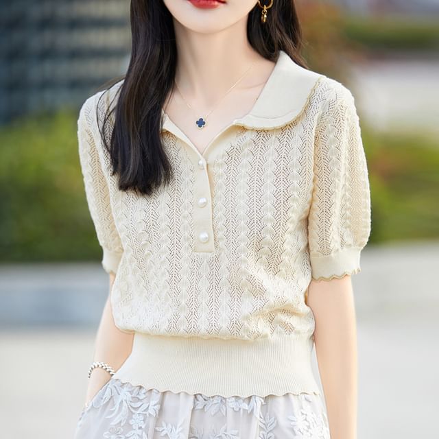 Faux Pearl Button Contrast Trim Collared Cable Knit Tee