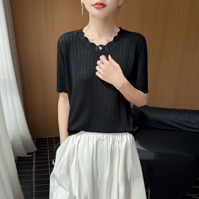 Pointelle Ribbed Round Neck Knit Tee