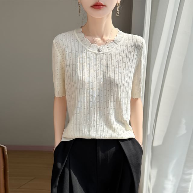Pointelle Ribbed Round Neck Knit Tee