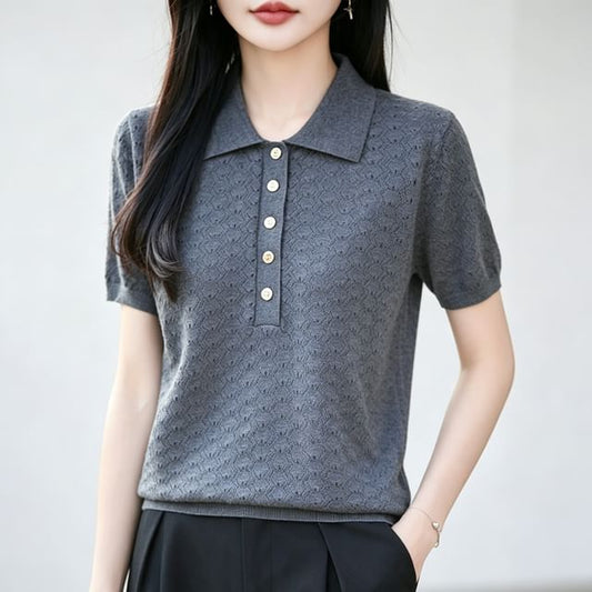 Plain Knit Polo Short Sleeve Top