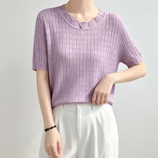 Pointelle Ribbed Round Neck Knit Tee