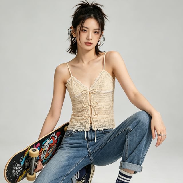 Ribbon Accent Lace Crop Camisole