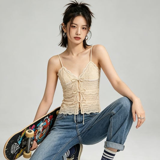 Ribbon Accent Lace Crop Camisole