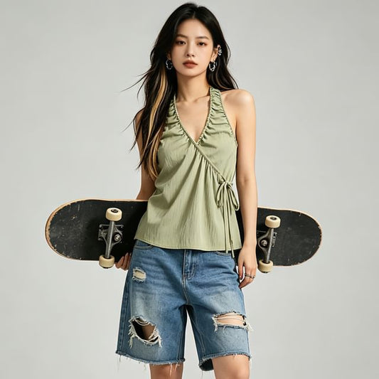 Halter Neck Ribbon Accent Crop Top