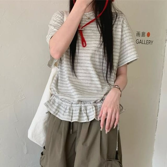 Striped Ruffle Drawstring Tee & Cropped Cargo Pants Set