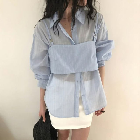 Pinstriped Collared Shirt & Crop Camisole Set