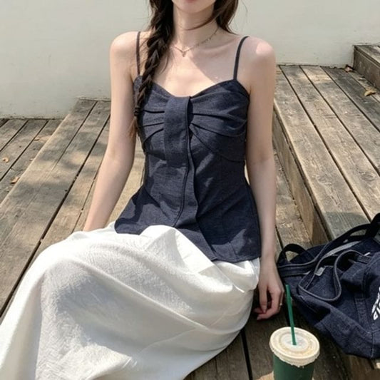 Bow Slit Camisole Top & High-Waisted Wide Leg Pants Set