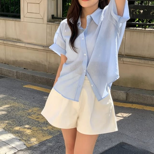 Elbow Sleeve Striped Sheer Button-Up Shirt