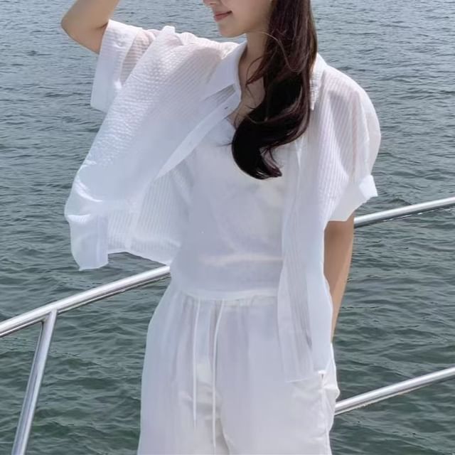 Elbow Sleeve Striped Sheer Button-Up Shirt