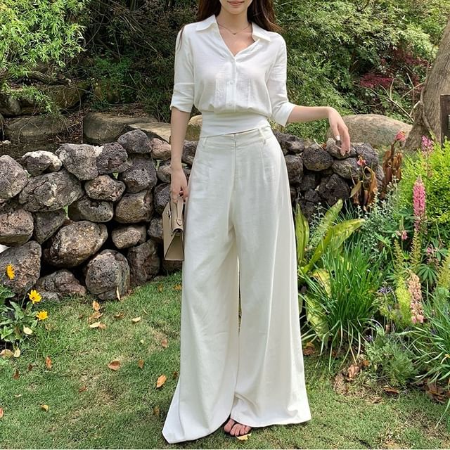 V-Neck Collared Tie Back Crop Blouse & Wide Leg Pants Set