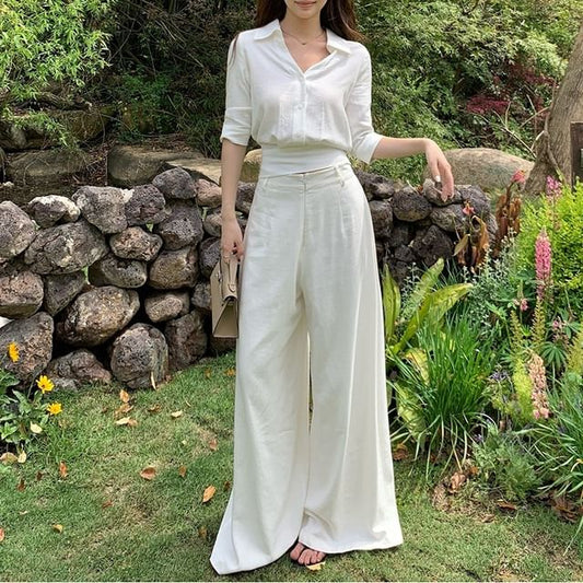 V-Neck Collared Tie Back Crop Blouse & Wide Leg Pants Set