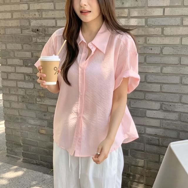 Elbow Sleeve Striped Sheer Button-Up Shirt